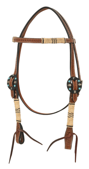 Chestnut Basket Tooled Browband Headstall w/ Rawhide Knotting & Fancy Buckle
