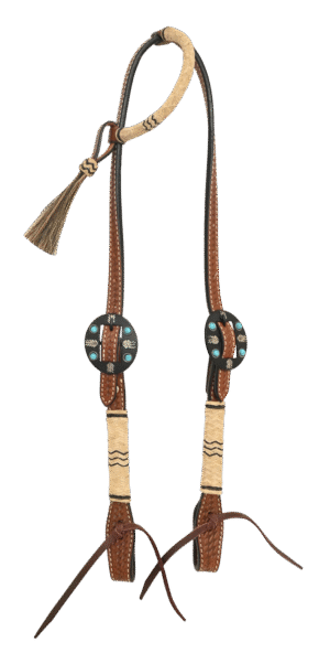 Chestnut Basket Tooled Slip Ear Headstall w/ Rawhide Knotting & Fancy Buckle